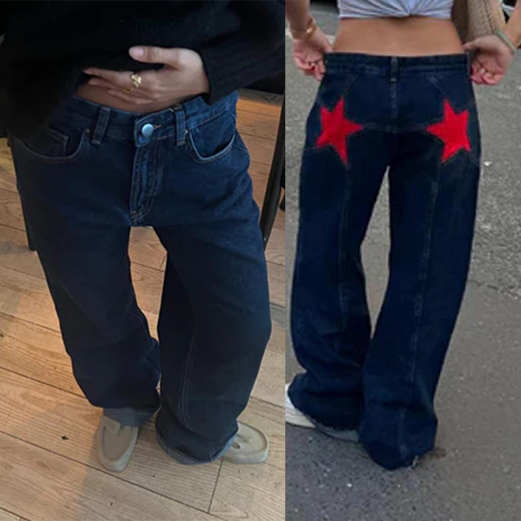 Джинсы Y2k Vintage Star Pattern Женские свободные прямые джинсы Harajuku Американские ретро-мешковатые брюки в уличном стиле
