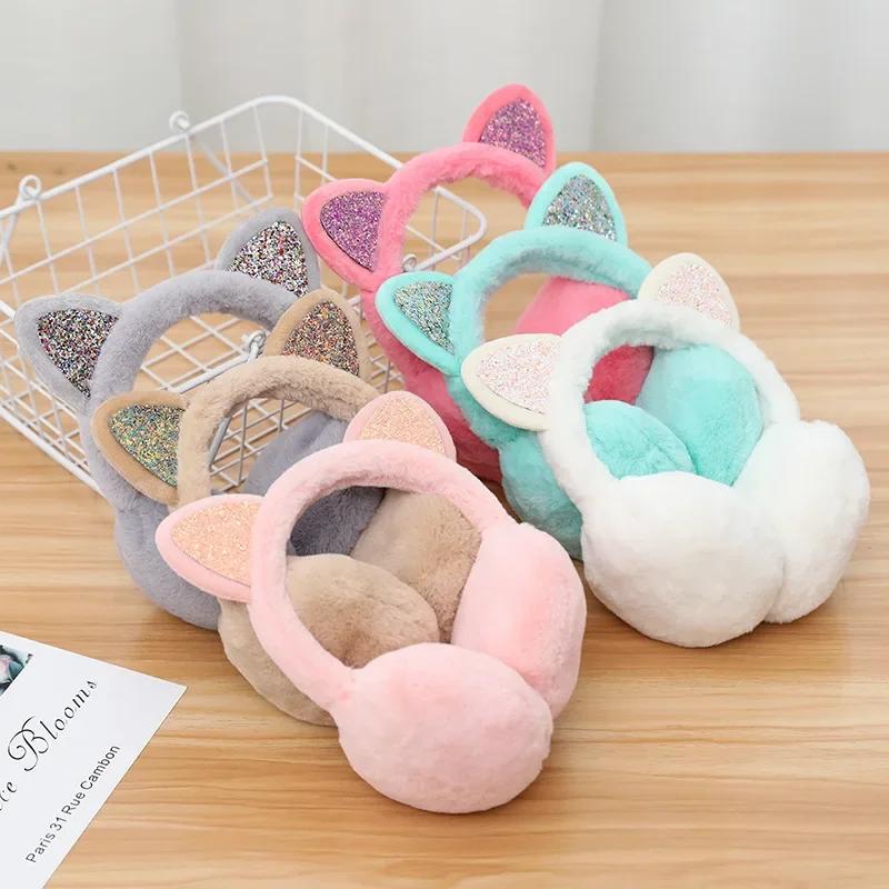 Winter Warm Plush Earmuffs for Women Girls Children Riding Ski Ear Protection Cartoon Cute Cat's Ears Fur Soft Cashmere Earflaps