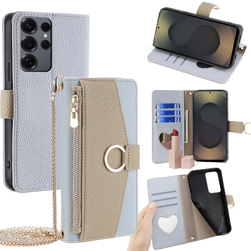 For Samsung Galaxy S25 Ultra Case Mirror Wallet Leather Phone Cover with Chain Shoulder Strap