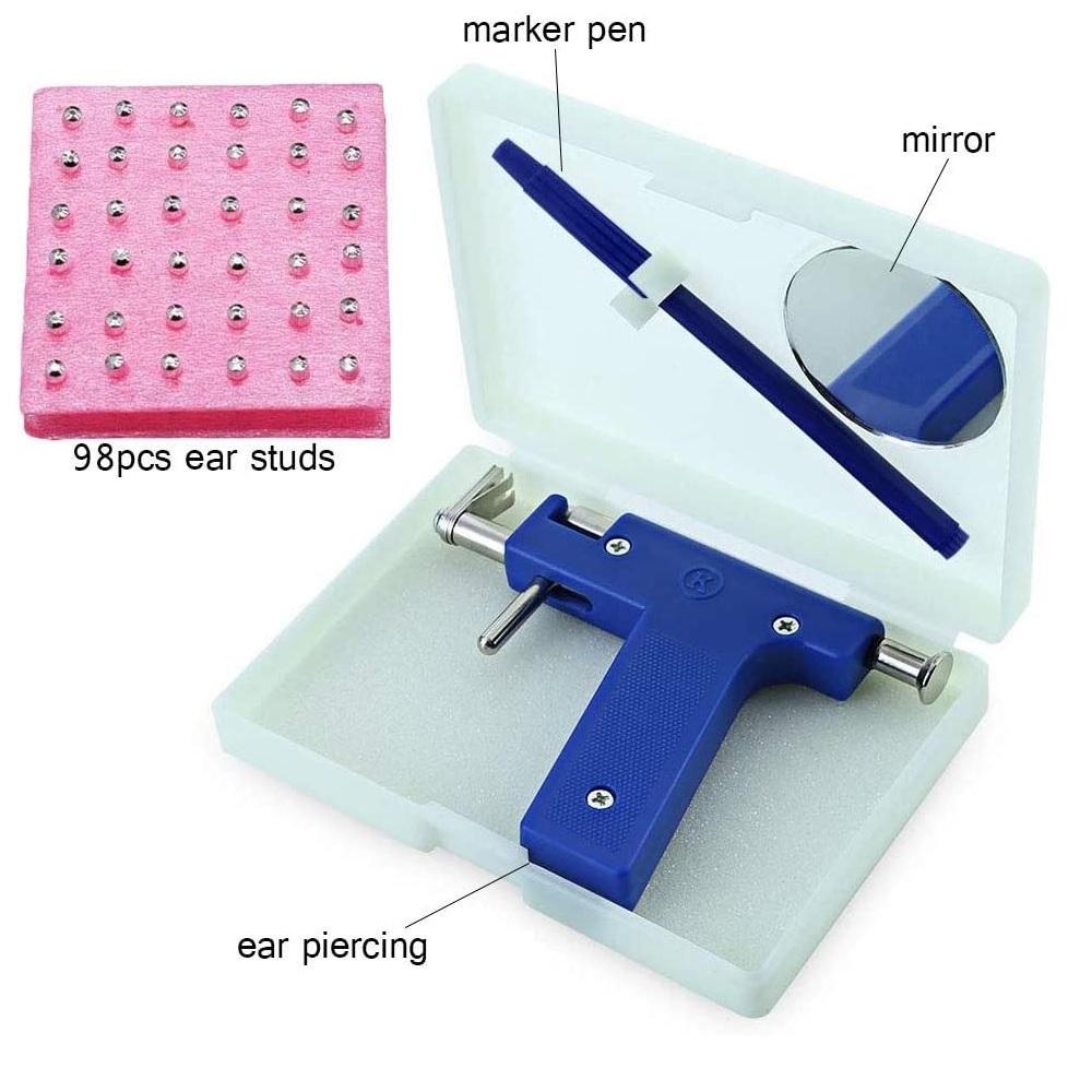 Синий профессиональный инструмент для пирсинга ушей, набор инструментов для пирсинга тела, носа, пупка с 98 серьгами-гвоздиками