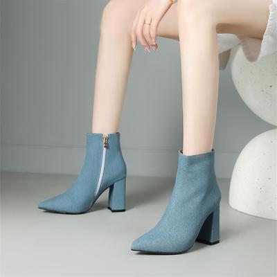 FOREADA Женские ботильоны с острым носком на массивном высоком каблуке на молнии джинсовые короткие ботинки женская мода осенне-зимняя обувь темно-синий 43