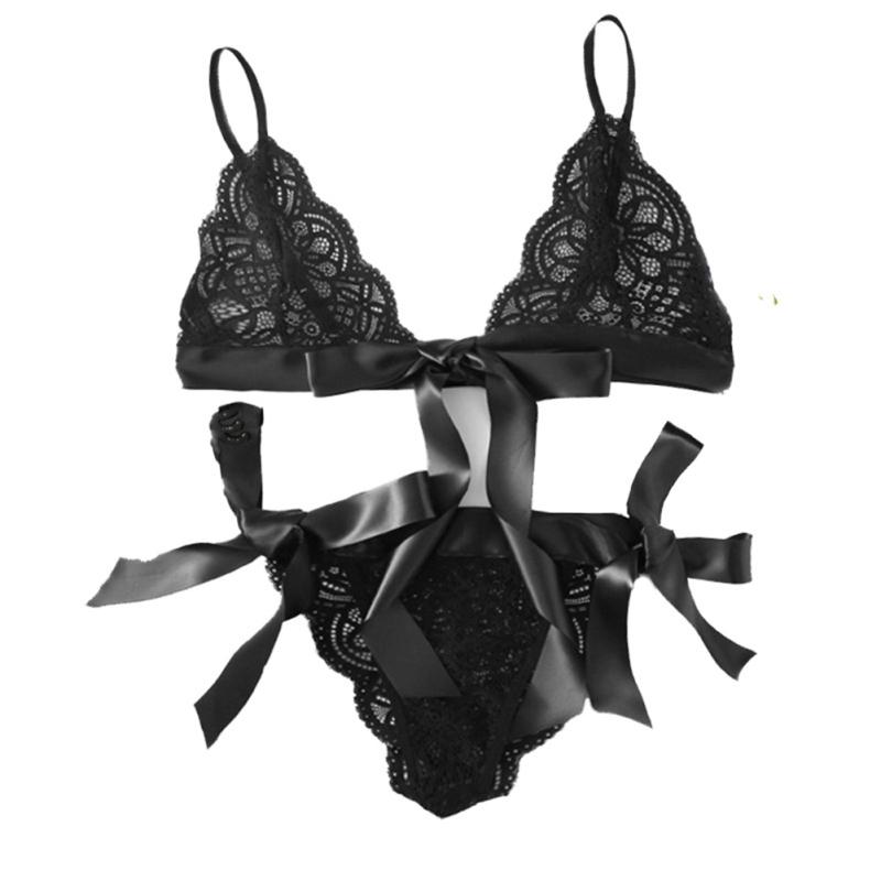 Женское нижнее белье однотонное регулируемое раздельное кружевное с бантиком сексуальный топ + трусики