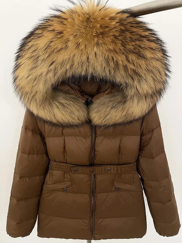 OFTBUY 2024 Winter Jacket Women Natural Real Raccoon Fox Fur Collar Hooded White Duck Down Coat Belt Thick Warm Casual Outerwear