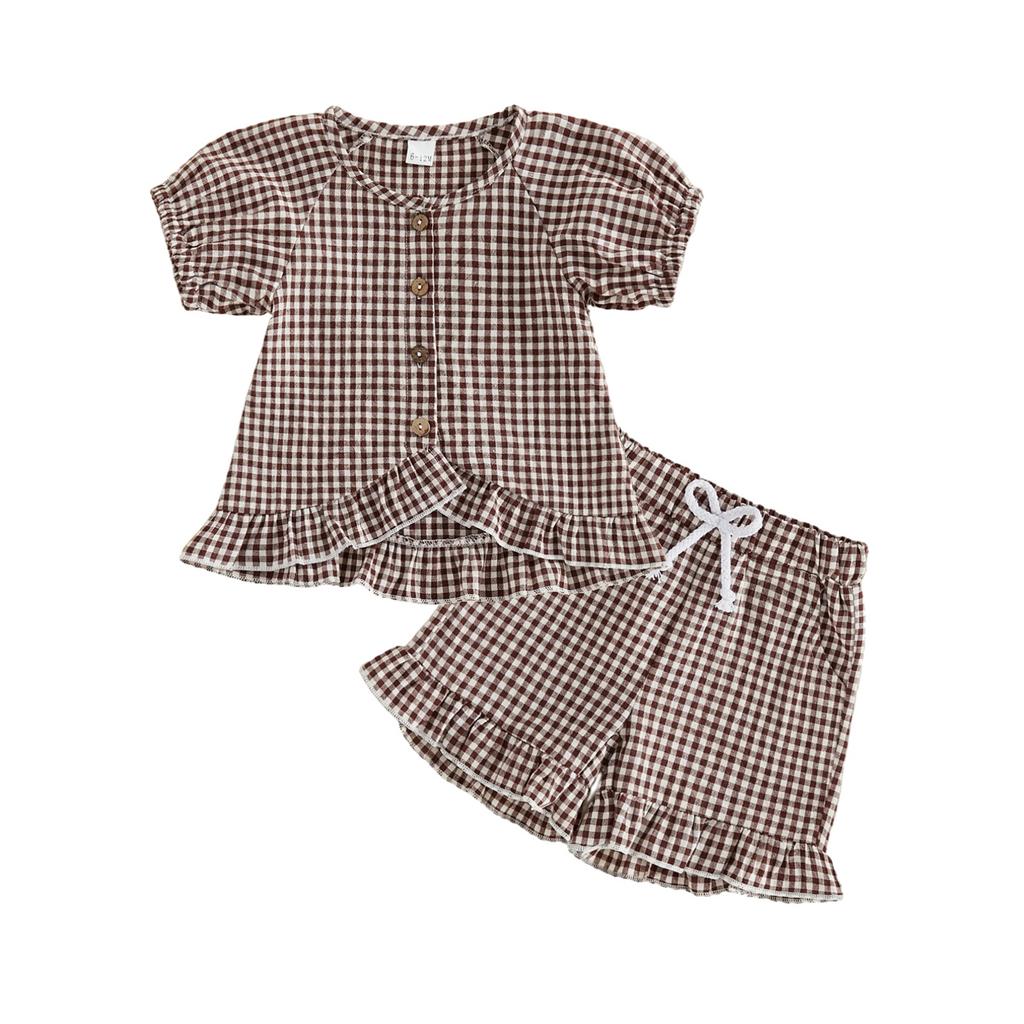 Toddler Girl Summer Outfits Plaid Ruffles Hem Buttons Crew Neck Short Sleeve Tops Elastic Waist Shorts 2Pcs Clothes Set