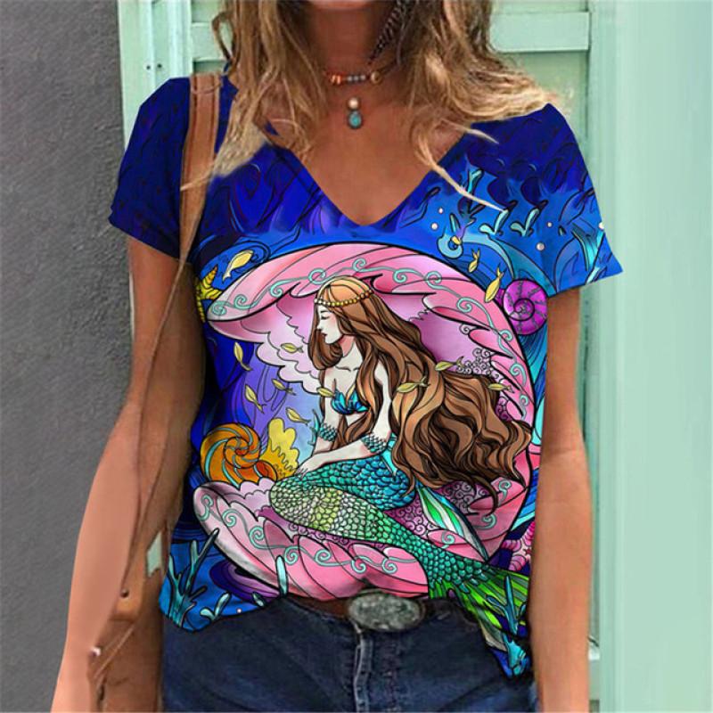 Lightweight Mermaid Digital 3D Print T Shirts Women Versatile Pullover Short Sleeve Summer Casual V-Neck Female Harajuka Tops