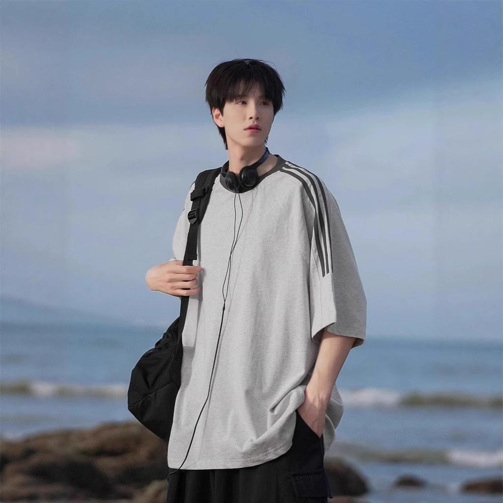 Мужская летняя новая универсальная футболка с тяжелыми тремя полосками и коротким рукавом для мужского американского свободного мужского топа