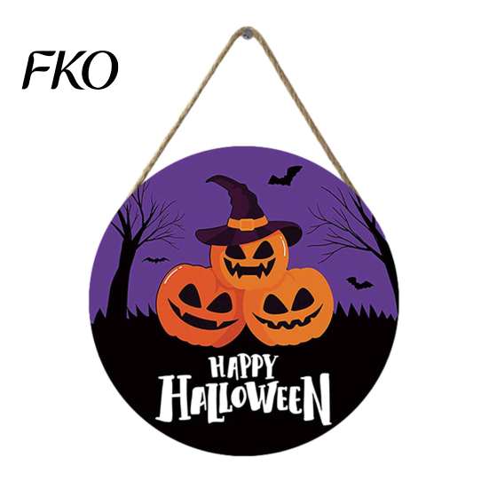 Waterproof Solid Wood Hanging Pendant Halloween Wall Pendant, with Pumpkin And Witch Silhouette, Wooden Party Bar Decor Round Sign, for Home