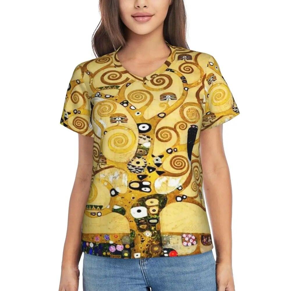 Gustav Klimt T Shirt The Kiss Hip Hop T-Shirts Women V Neck Basic Tops 2024 Beach Short Sleeve Pattern Clothes