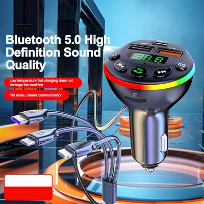 Bluetooth 5.0 FM-трансмиттер Автомобильный MP3-модулятор-плеер Громкая связь Аудиоприемник PD+USB Зарядное устройство для телефона с зарядным кабелем 3 в 1