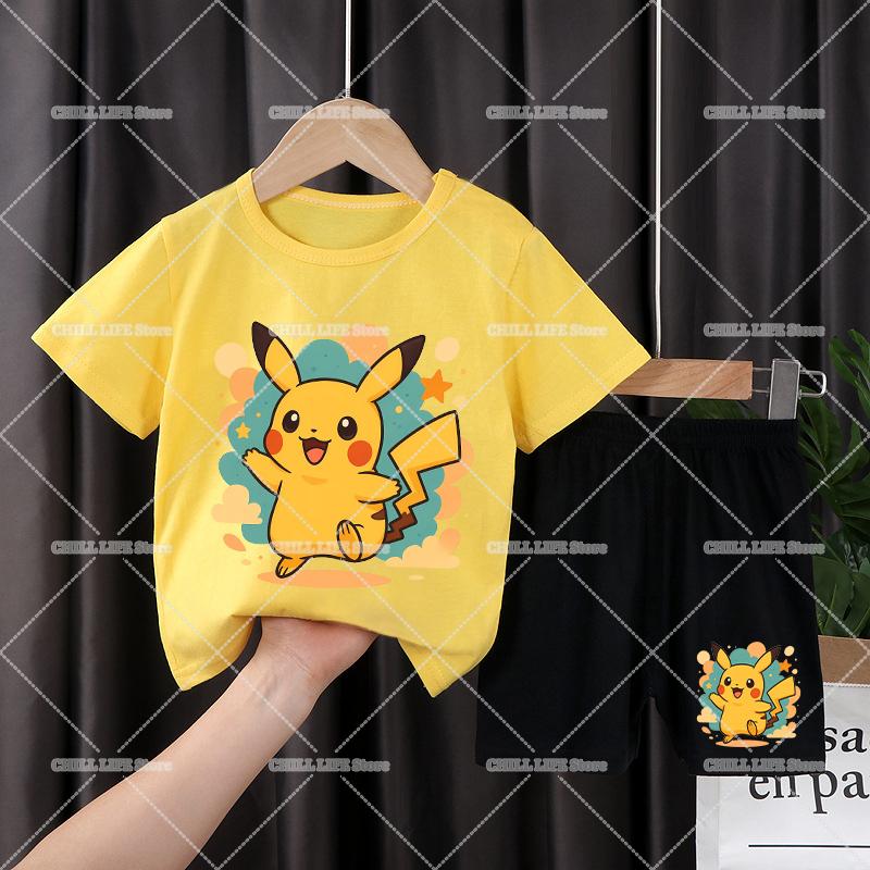 Kawaii Pikachu T Shirt Shorts 2pcs Kids Clothes Set Pokemons Children Tracksuit Cute Cartoon Summer Girl Boy Sportswear Suit