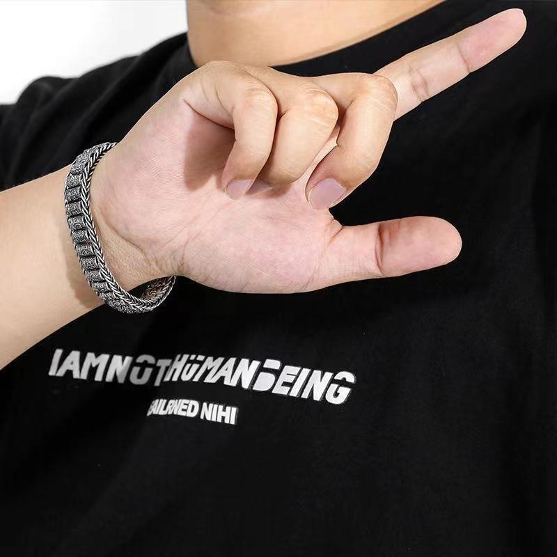 Браслет-мантра из шести символов паспарту для мужчин, нишевый дизайн, ручная работа, креативный ретро-серебряный легкий роскошный браслет для женщин