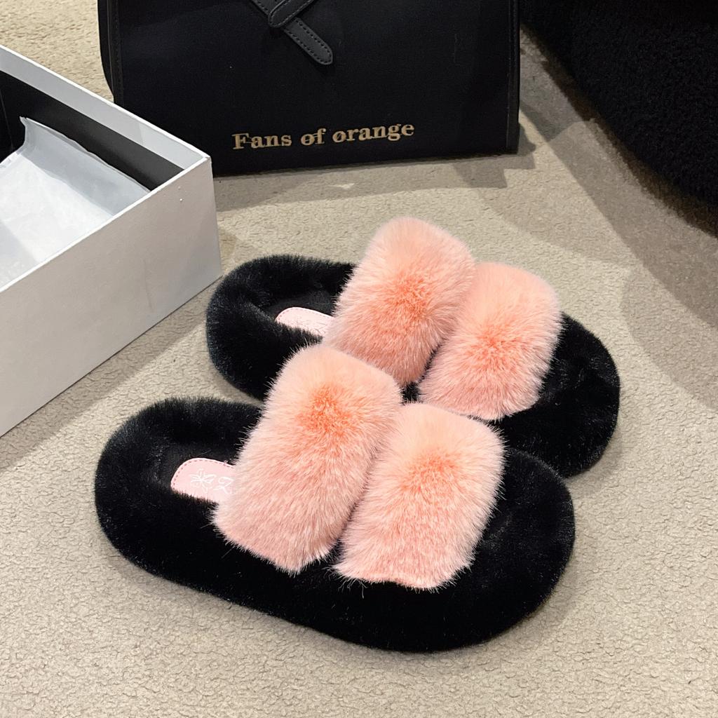 New Color Matching Thick-soled Fluffy Slippers Women's Casual Parallel Bars Fluffy Shoes Fashion Home Wear Cotton Slippers Women