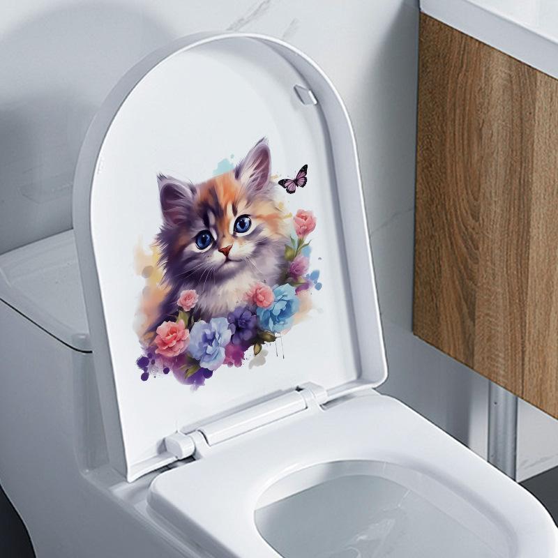 Милые наклейки на стену с котами, акварельные животные, цветы, водонепроницаемые наклейки, наклейки для ванной и туалета KTY