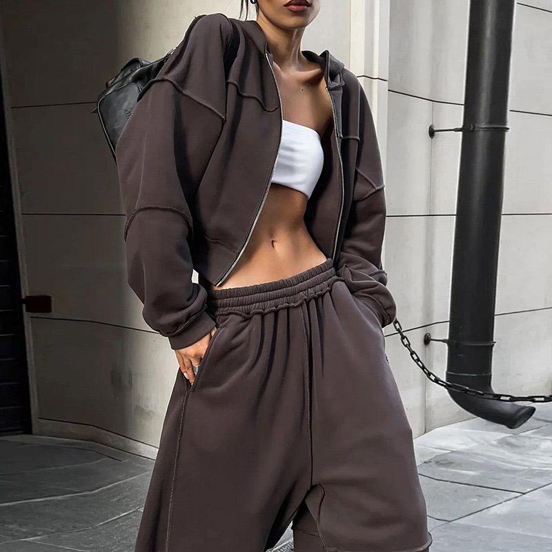 Women Casual Classic Solid Tracksuit Panelled Stripes Sporty Simple Hooded Zip Jacket Loose Wide Leg Pants Two Piece Sets