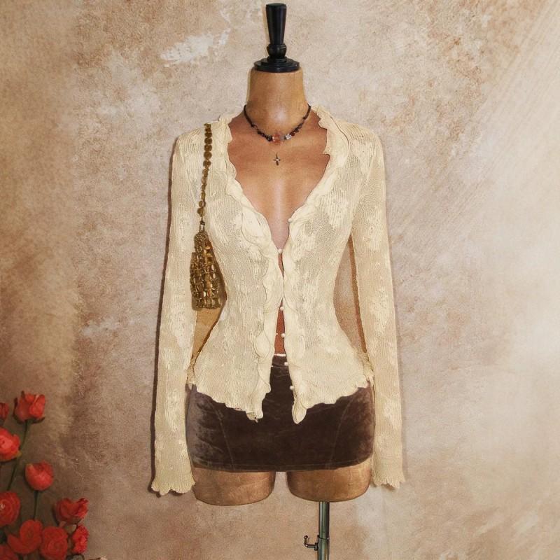 Elegant Sheer Floral Knit Top Deep V-Neck Ruffle Front Button Long Flared Sleeve Slim Fit