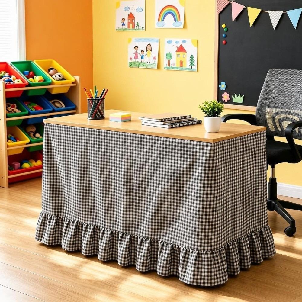 Hook and Loop Teacher Desk Skirt Ruffled Edge Table Wrap Rural Gingham Table Skirt Classroom