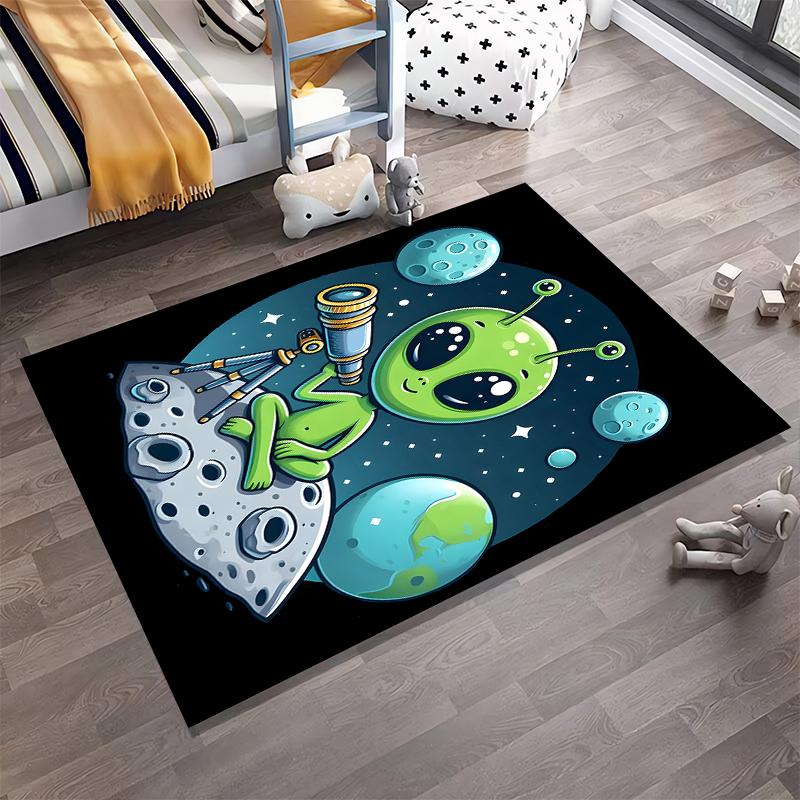 Cute Green Alien Cartoon with Telescope and Space Planets Design Carpet Suitable for use as an anti-slip for living room bedroom sofas