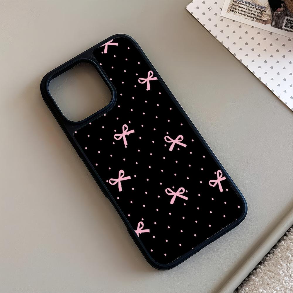 Black background bow design glass phone case suitable for iPhone 17 16 15 14 13 12 11 Pro/Max/Plus anti drop and shockproof