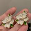 1Pair Camellia Enamel Flower Leaf Earrings Sweet Elegant Stud Earrings