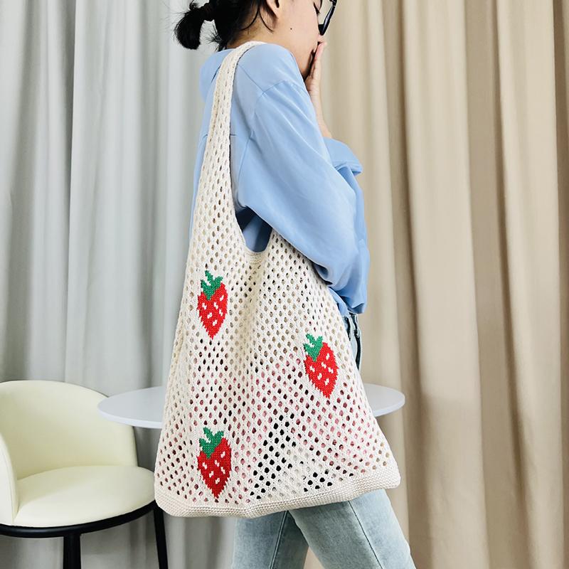 Women Large Capacity Shoulder Bag Stylish Strawberry Cherry Pattern Crochet Tote Bag All-Match Cute Knitting Hobo Bag MIT