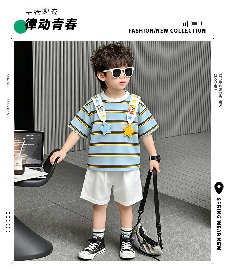 Boys' Summer Set, Western Style, Boys' and Girls' Striped Short sleeved T-shirt, 2026 New Style, Handsome and Casual Summer Dress for Children
