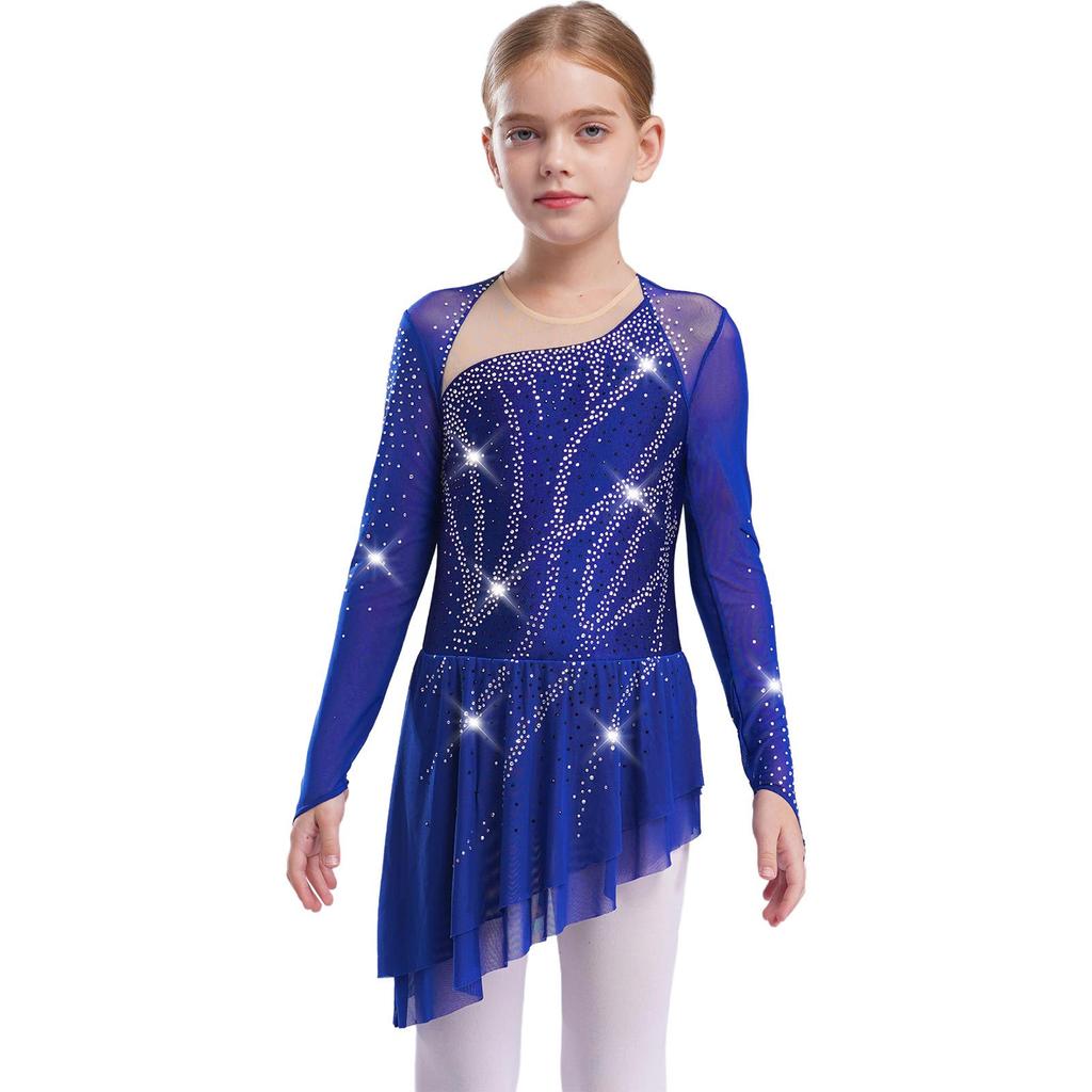 Girls Lyrical Dance Dress Sheer Mesh Long Sleeves Cutout Back Design with Sparkly Rhinestones Asymmetric Hem Skirt