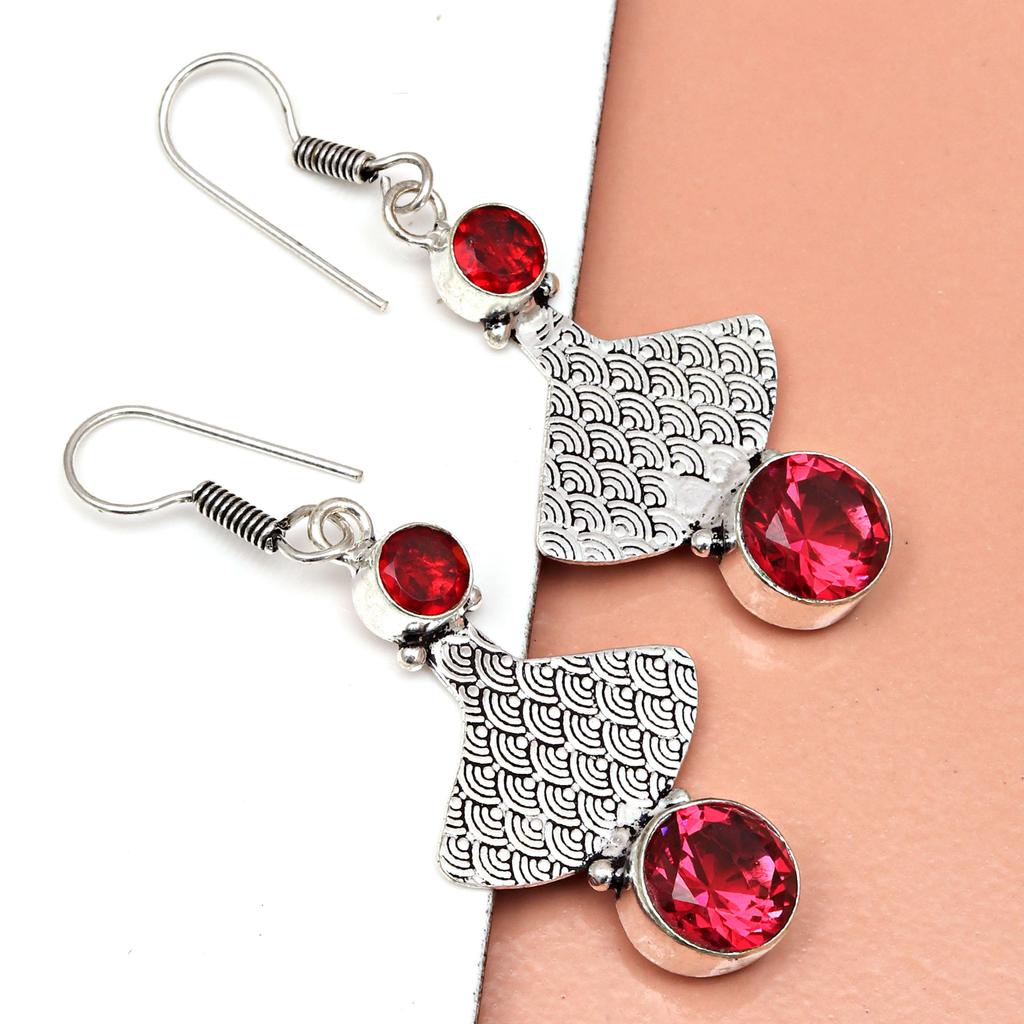 Pink Tourmaline Gemstone Unisex Women's Ethnic Silver Jewelry Earring 1.5''