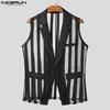INCERUN Men Lapel Neck Sleeveless One Button Striped Mesh Sheer See Through Waistcoats