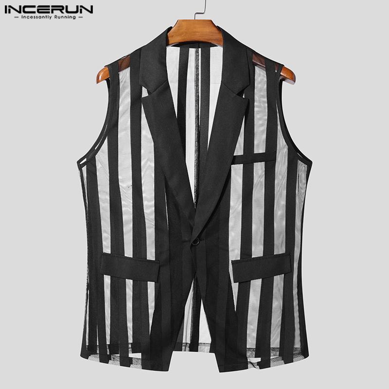 INCERUN Men Lapel Neck Sleeveless One Button Striped Mesh Sheer See Through Waistcoats