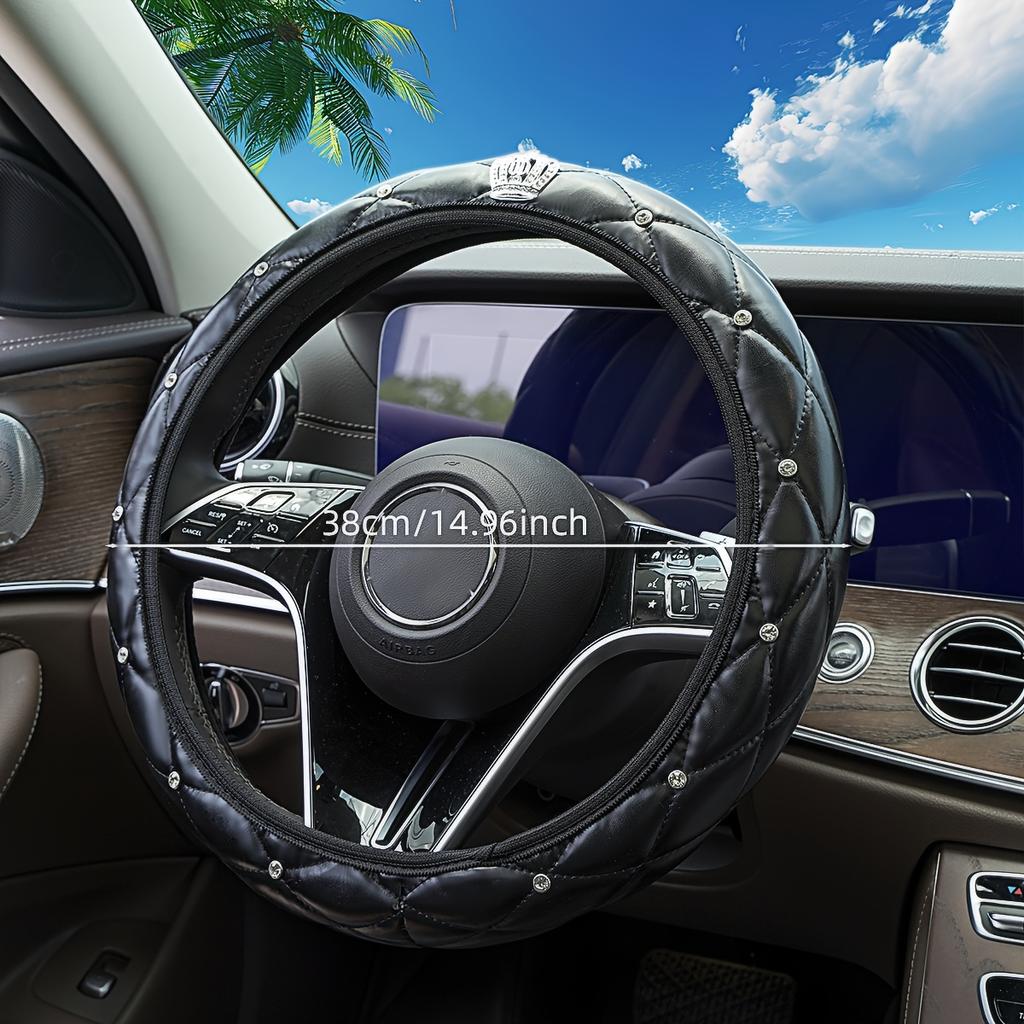 Блестящая кожаная оплетка на руль с бриллиантовой инкрустацией для женщин - Мягкая, удобная, без внутреннего кольца, подходит, черная с акцентами из стразов