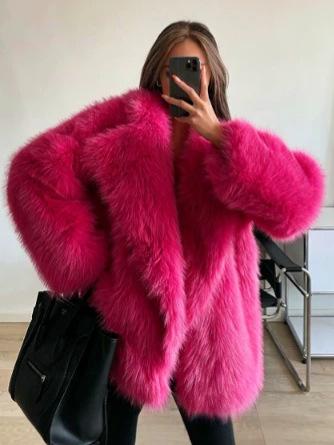 New winter imitation fox fur jacket, suit collar medium and long women's fashion loose suit collar coat