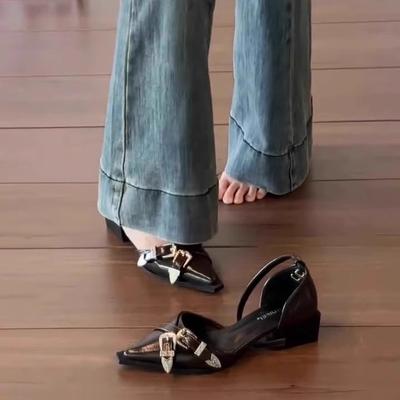 Босоножки Баотоу женские летние новые ретро черные с острым носком на низком каблуке