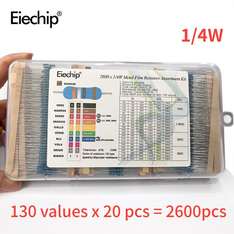 2600 шт./лот, 130 значений, 1/4 Вт, 0,25 Вт, 1%, металлопленочные резисторы, набор комплектов резисторов в ассортименте