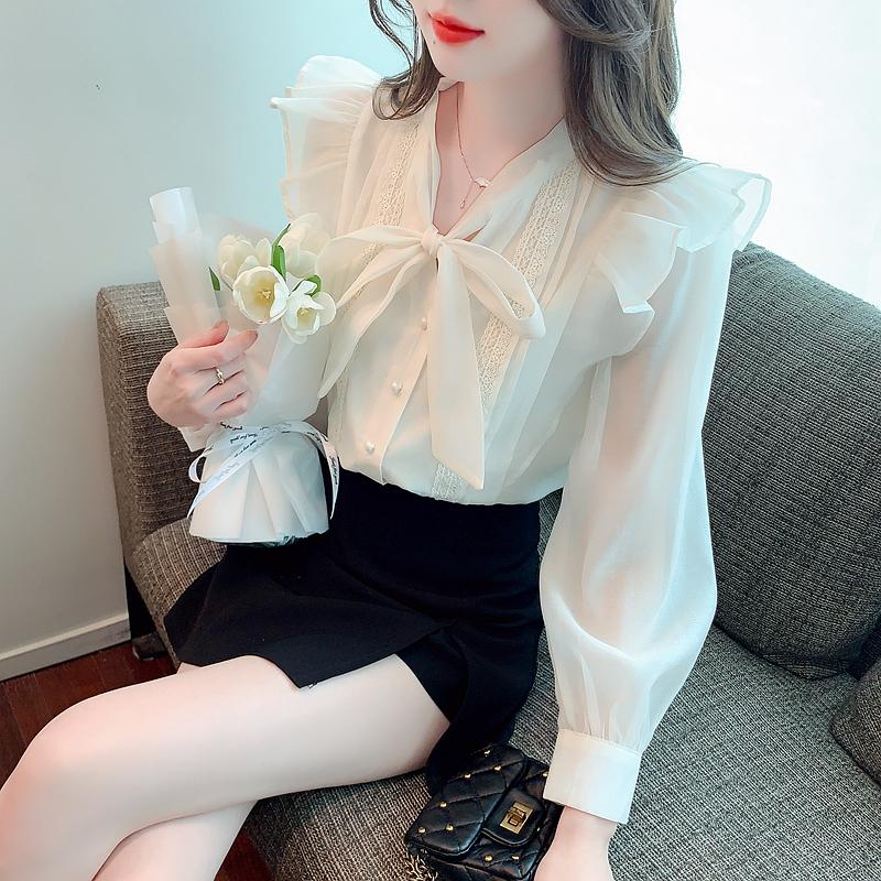 Мода 2024 Осень Длинный рукав Воротник-бант Повседневный Абрикосовый оборки Шифон Блузка Рубашка Женские Топы Блузки Рубашки J514