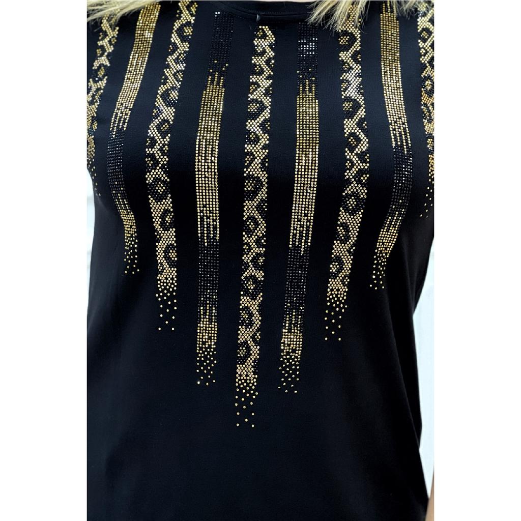 Хлопковая черная женская футболка с коротким рукавом и круглым вырезом с леопардовым принтом и кристаллами больших размеров