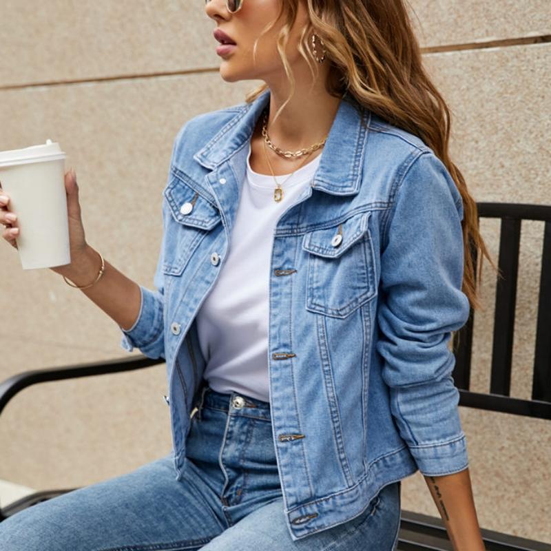 Женская модная тенденция с карманами на лацканах, однобортная короткая джинсовая куртка