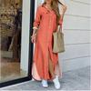 Women Fashion Long Sleeve Plain Shirt Dresses Lapel Collar Button V Neck Slit Irregular Hem Maxi Dress