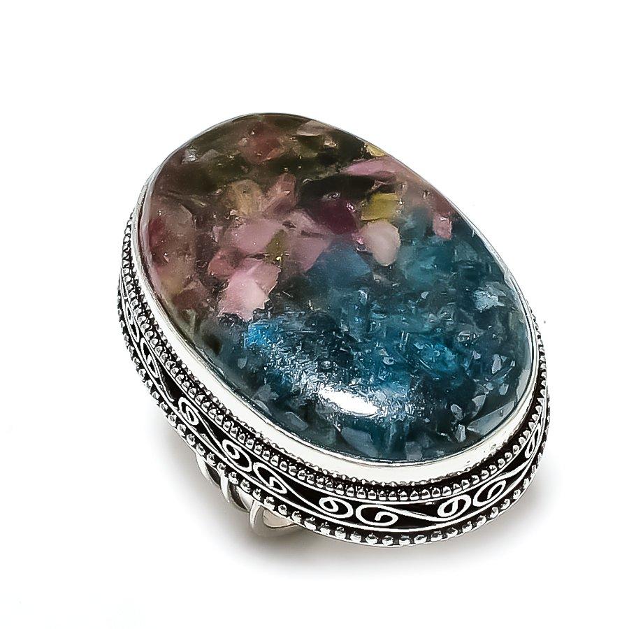 Кольцо ручной работы из серебра 925 пробы с арбузным турмалином, размер 7 B0F58