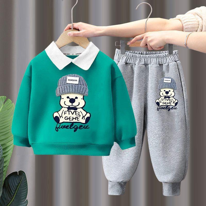 Детская одежда для мальчиков и девочек, осенний комплект из 2 предметов: свитер с длинным рукавом и брюки, спортивный костюм с отложным воротником, детский спортивный костюм с медведем