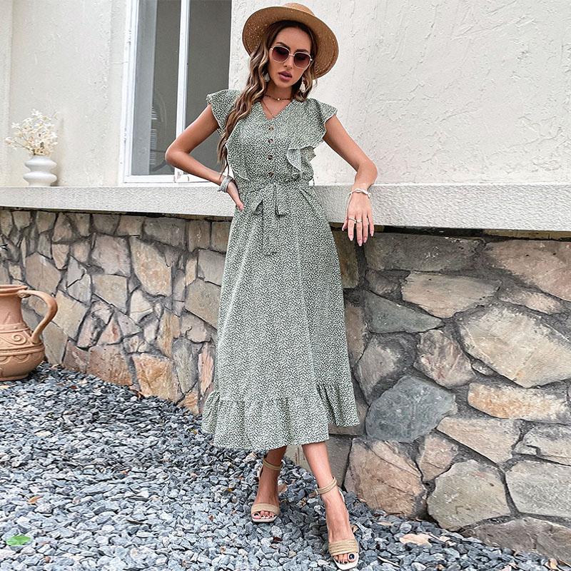 YYFS Женские винтажные летние весенние повседневные платья с цветочным принтом и коротким рукавом с v-образным вырезом и высокой талией