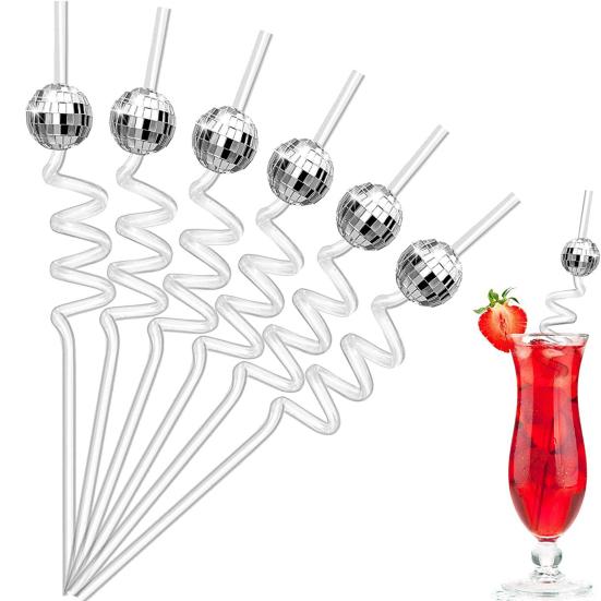 6Pcs/Set Disco Straws Disco Ball Distinctive Reflective Mirror Spiral Shape Disco Party Decorations Bachelorette Straws Cup Accessories