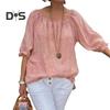 Women Tops Round Neck Half Sleeve Loose Fit Casual Tops Solid Color Breathable Lightweight Tee Shirt