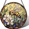 Hummingbird Butterfly Bee Red Flower Stained Glass Window Hanging, Door Patio Garden Decor Sun Catcher