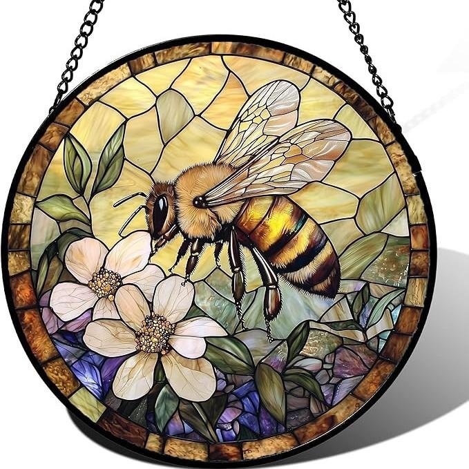Hummingbird Butterfly Bee Red Flower Stained Glass Window Hanging, Door Patio Garden Decor Sun Catcher