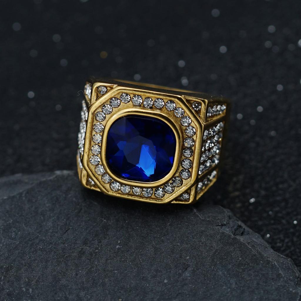 Hip Hop Bling Iced Out Stainless Steel Square Rings for Men Gold Luxury Plated with Diamond Rapper Jewelry