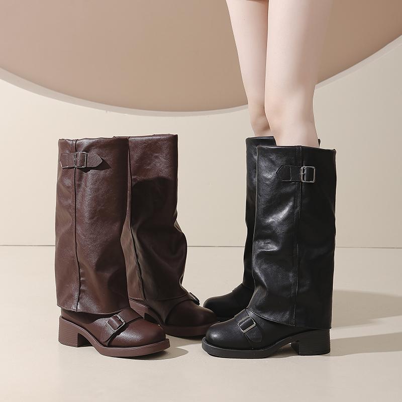 New Style Woman Boots Knee High Platform Chunky Heels Trend Punk Gothic Rock Leather Women's Shoes Motorcycle Footwear
