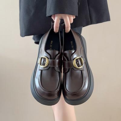 Мода Мода Одинарная обувь Осень Новые Круглый носок Глубокий вырез Металлическая пряжка Платформа Нескользящие лоферы