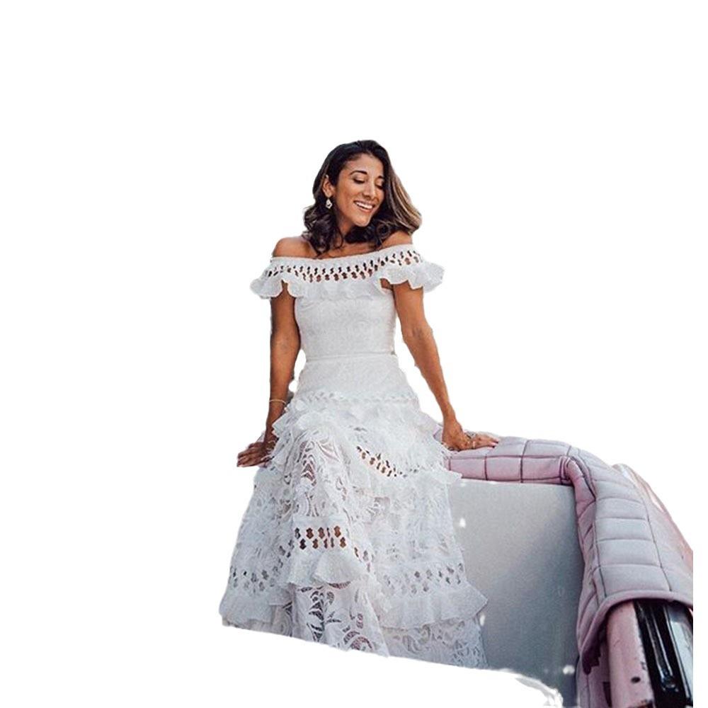 2025 spring and summer new European and American women's clothing wish one-word shoulder ruffle edge hollow white pendulum lace dress