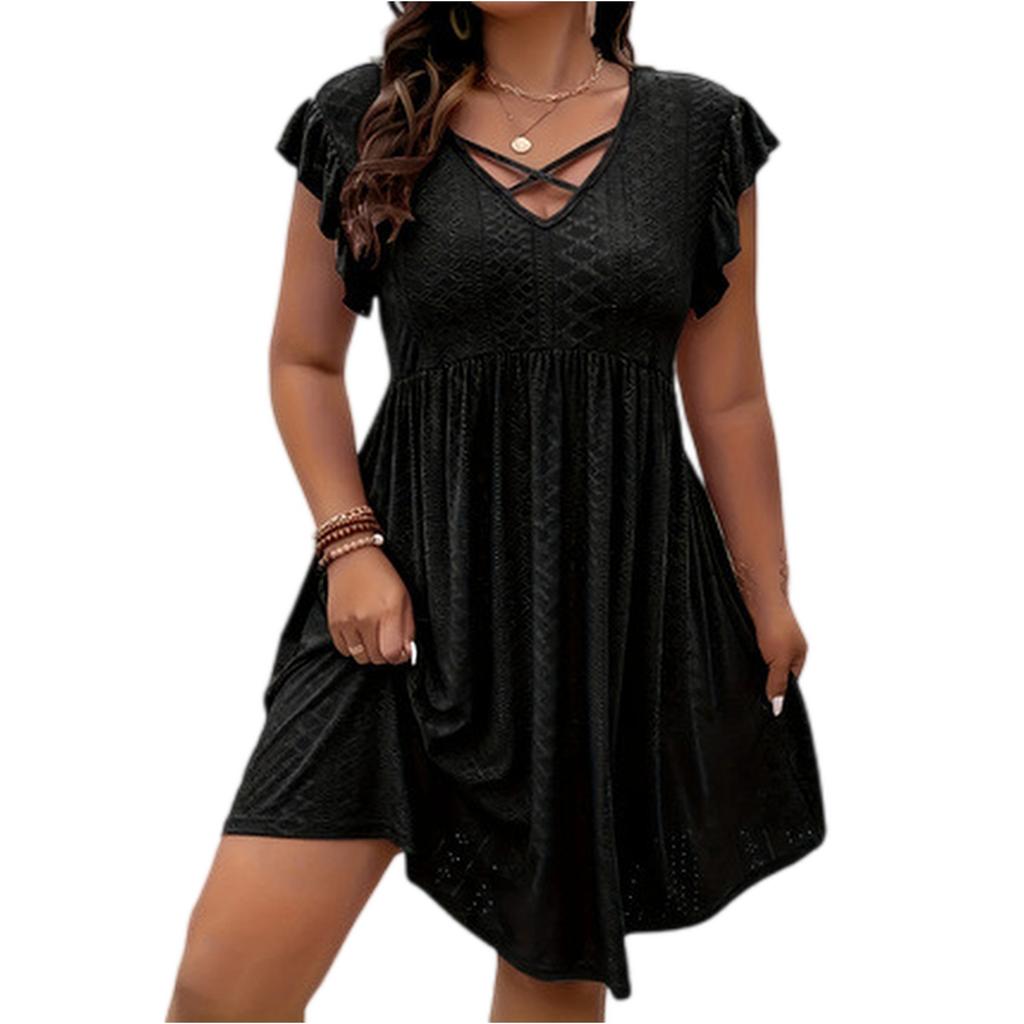 Женское мини-платье с короткими рукавами и V-образным вырезом, с рукавами-воланами и перекрещиванием спереди, повседневное, свободного кроя