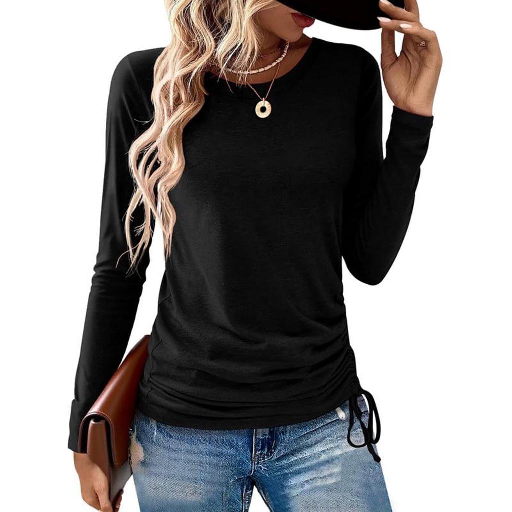Women's Fashion Round Neck Solid Color Long Sleeve Side Drawstring Loose Casual Hoodie T-shirt Top